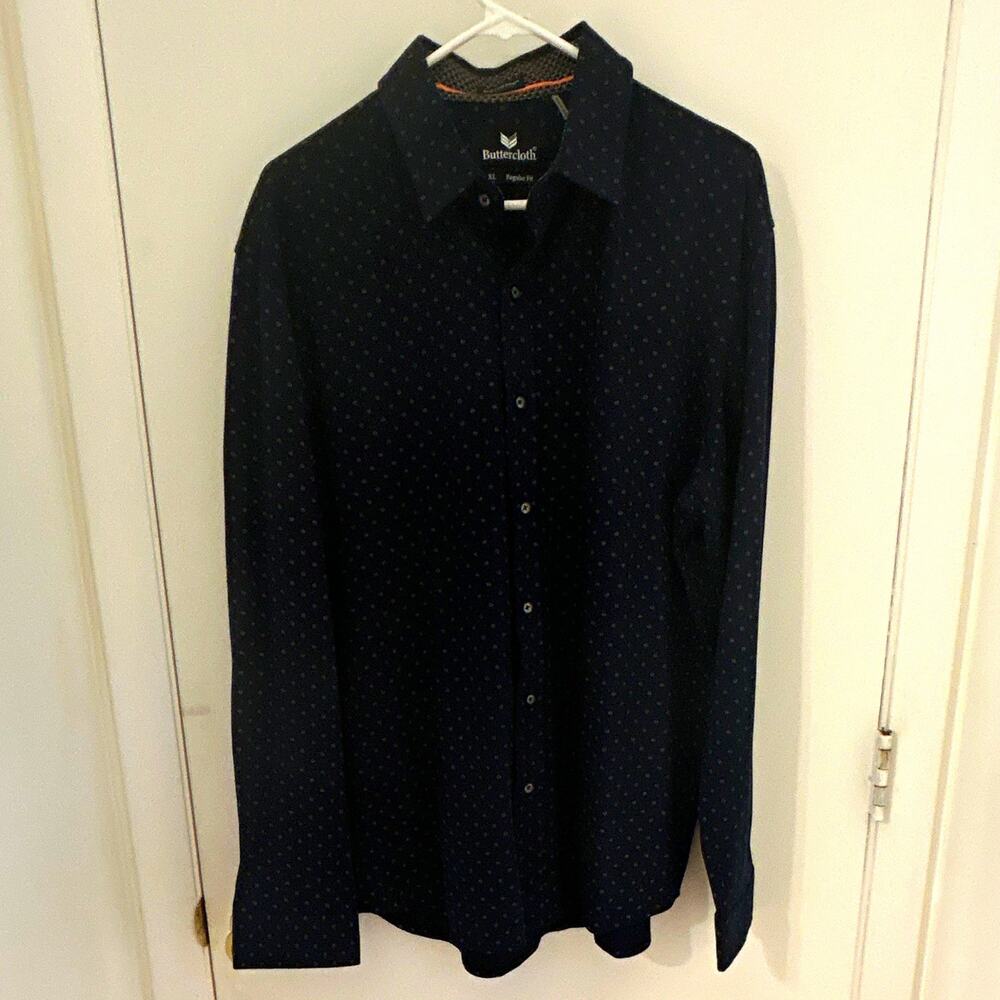 Buttercloth Icy Cotton Dress Shirt Men’s XL Regular Navy Geometric 34/35